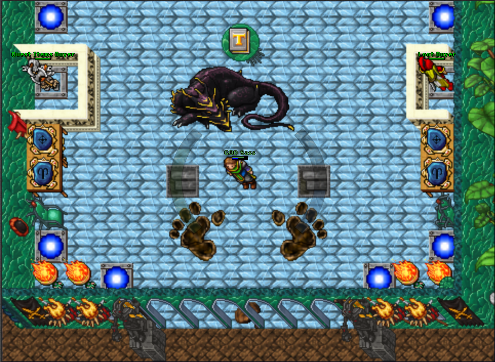 Cena do mundo de Enigma, com personagem, pantera, portais azuis e piso de pedra
